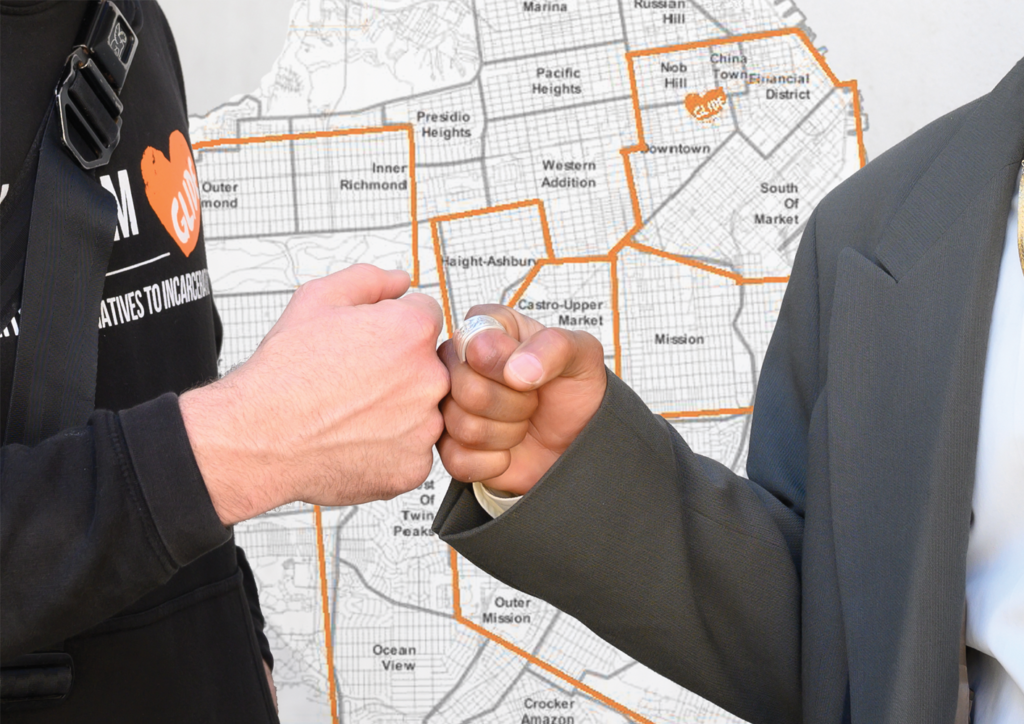image of two fists bumping with SF neighborhood map behind them